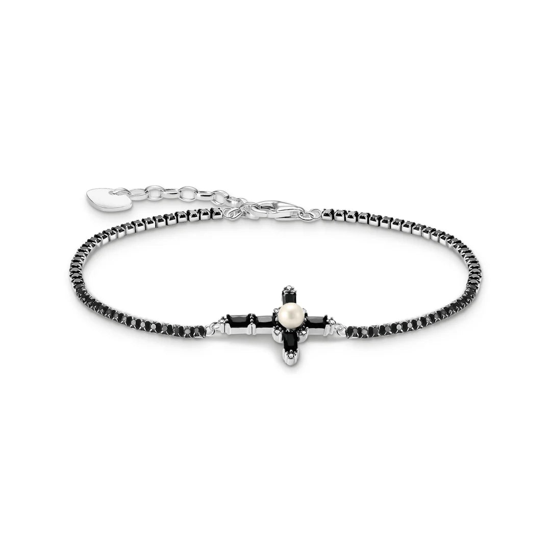 TRUE ROMANCE PEARL BLACK CROSS BRACELET