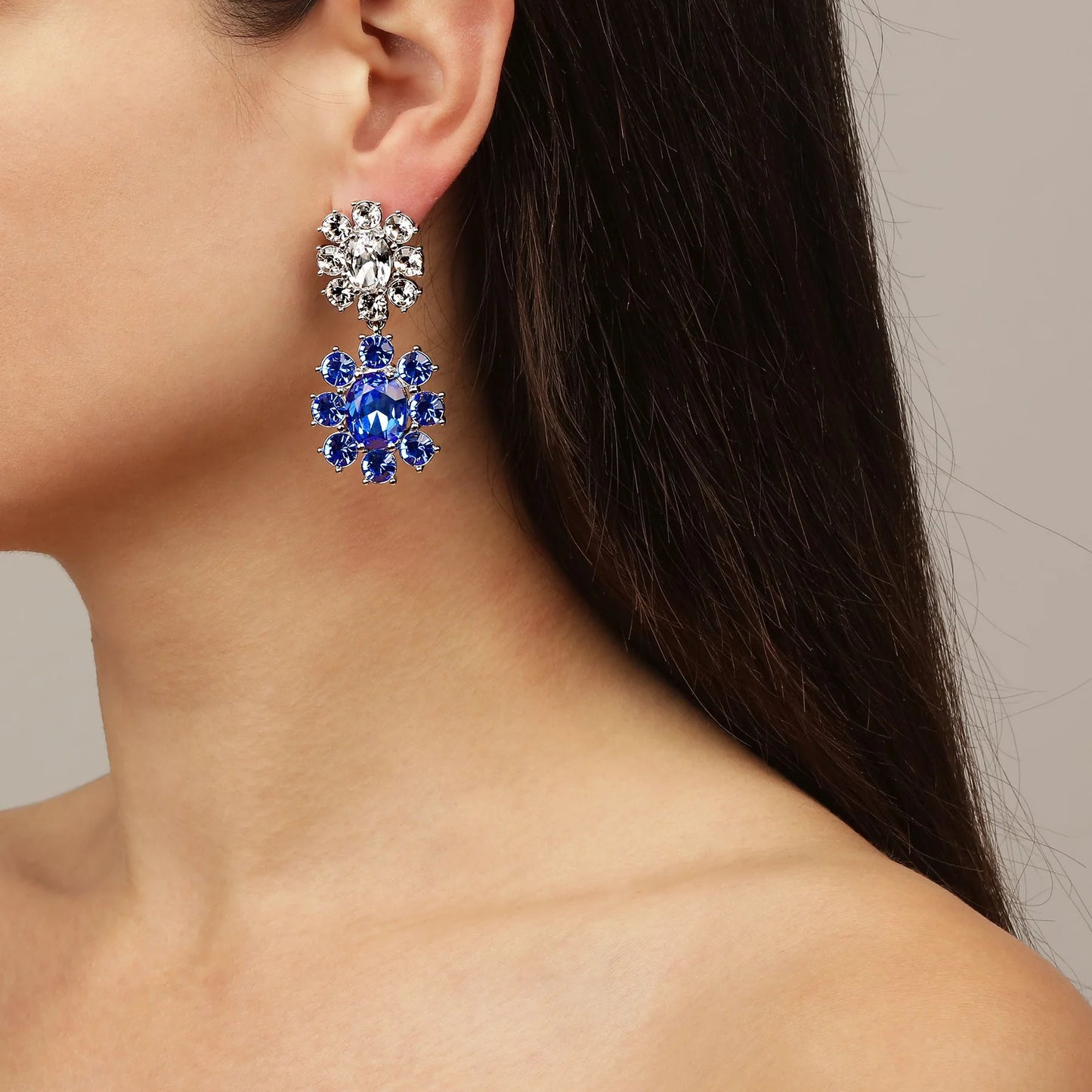 LINA SHINY SILVER SAPPHIRE/CRYSTAL EARRINGS