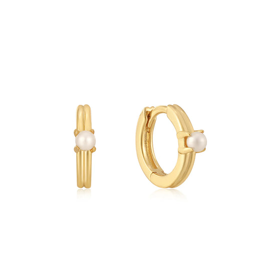 PEARL CABOCHON HUGGIE HOOP EARRINGS