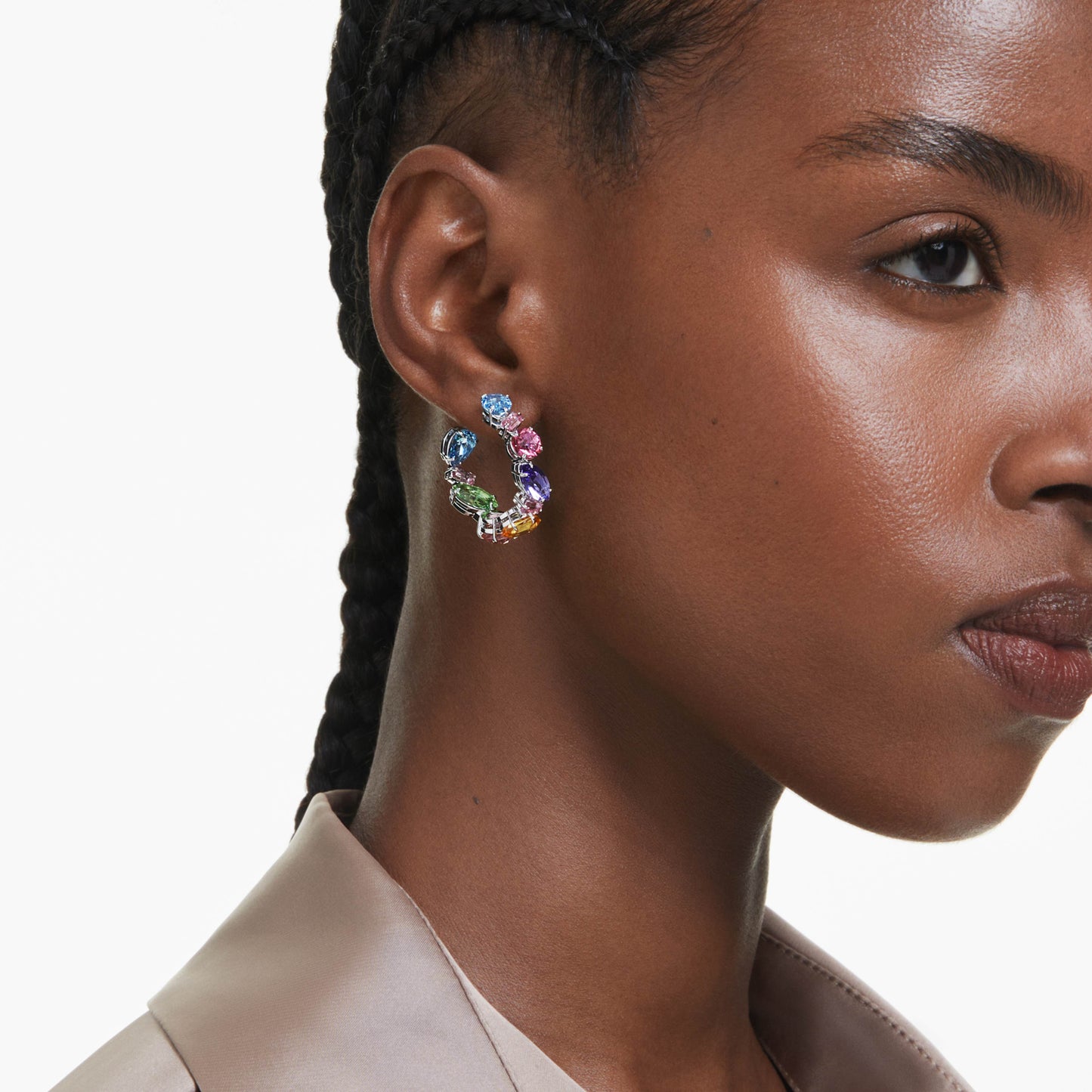 GEMA HOOP EARRINGS ASYMMETRICAL - MULTI-COLOURED, RHODIUM