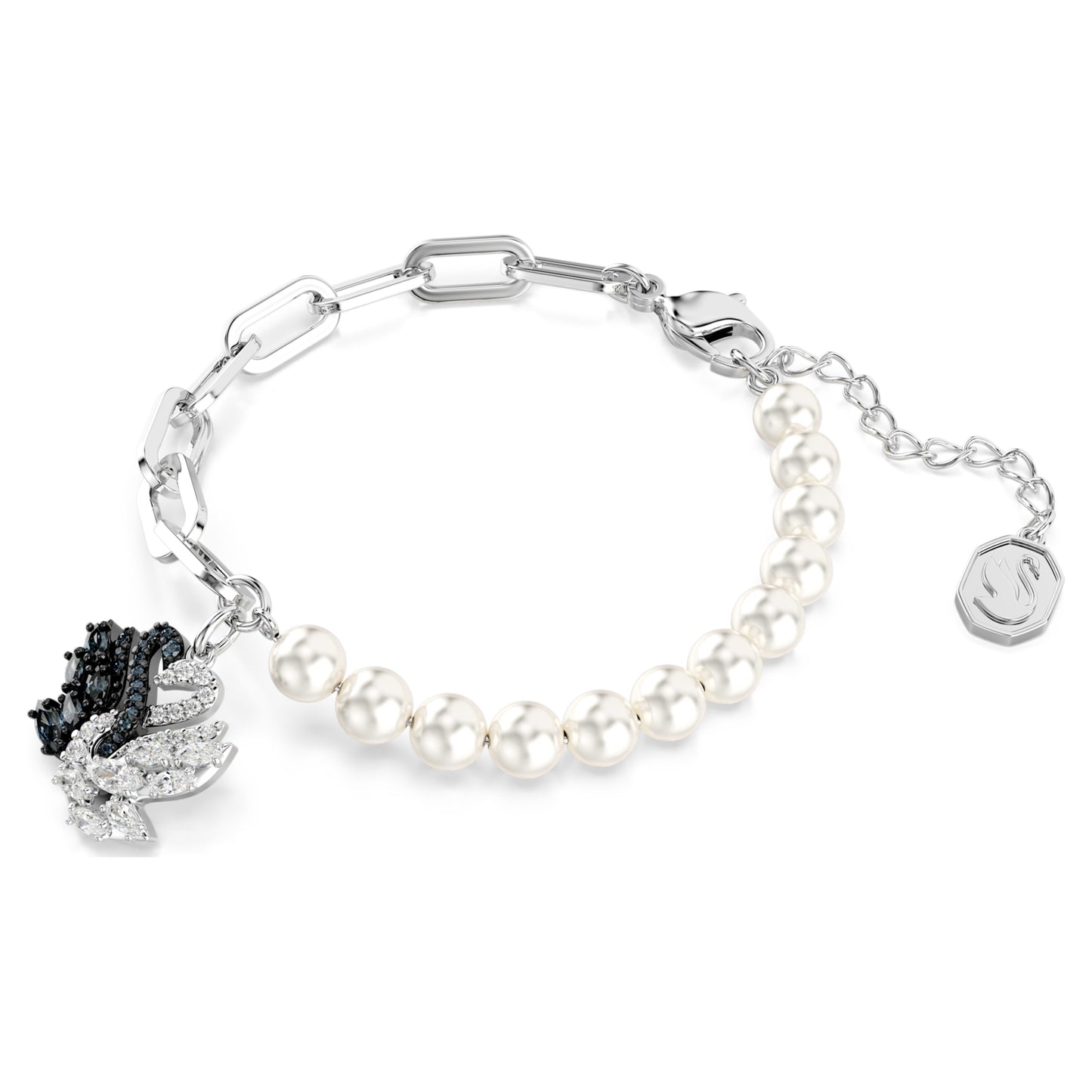 SWAN BRACELET PEARL - BLACK, RHODIUM