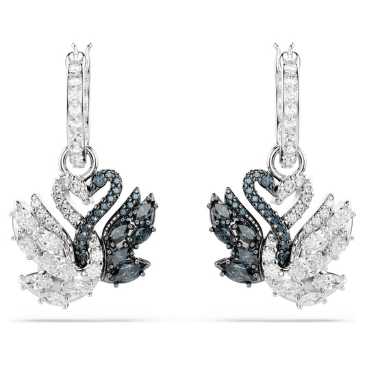 SWAN DROP EARRINGS - BLACK/WHITE, RHODIUM